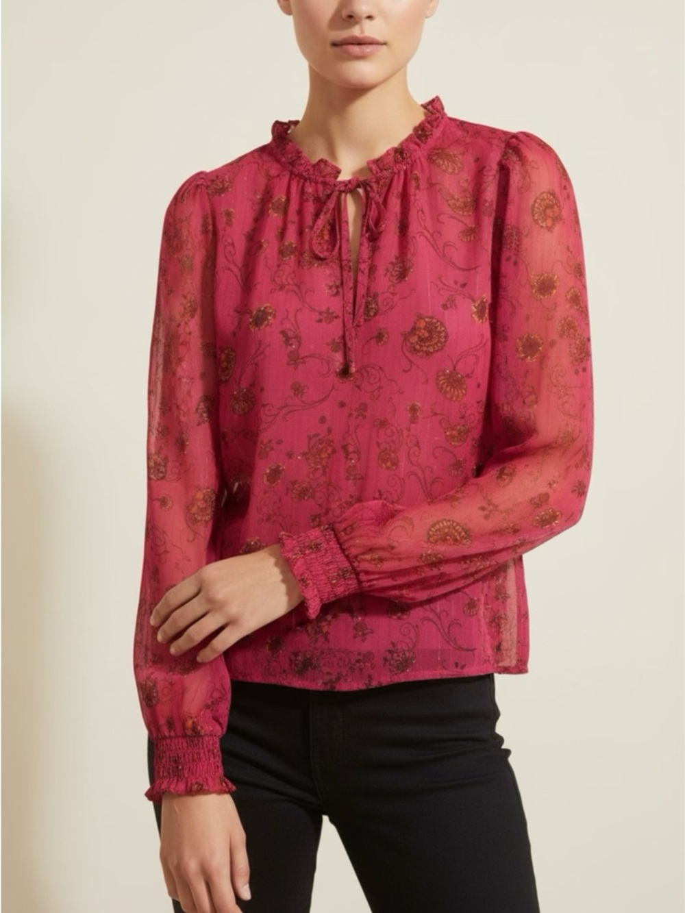 Maison d'Amelie Paris Sheer Pink Floral Blouse Sz S‎ Ruffle Tie Neck Long Sleeve